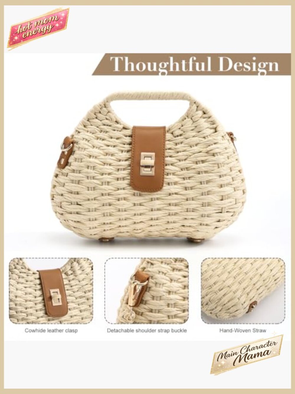 Woven Straw Crossbody Bag Boho Summer Beach Shoulder Purse Adjustable Strap - Picture 6 of 6